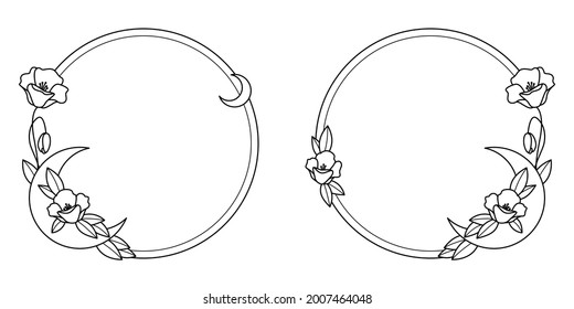 Set of hand drawn flower and crescent moon wreaths. Wedding monogram flourish frame isolated on white background. Outline border with wild poppy flowers and branches.