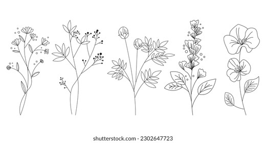 Set of hand drawn flower icons. Natural floral elements collection. Vector illustration.