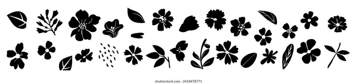 Flor dibujada a mano, hojas siluetas negras