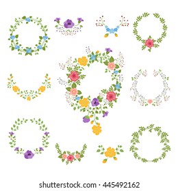 Set of hand drawn flower and leaves wreathes. Collection of rustic floral elements and ornaments. Vector illustration. Cartoon style
