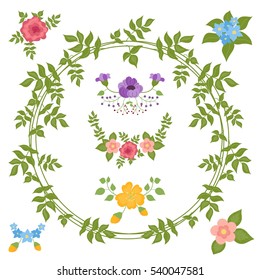 Set of hand drawn flower and leaves wreathes. Collection of rustic floral elements and ornaments. Vector illustration. Cartoon style