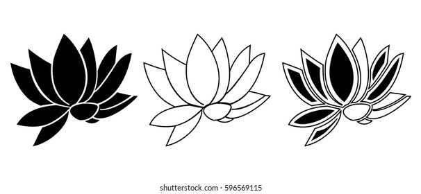 Set hand drawn flower lotus icon, black and white, logo, Isolated on white background. Vector illustration.