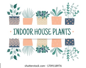 Set of hand drawn flower pots with quote: Indoor house plants. - vector illustration