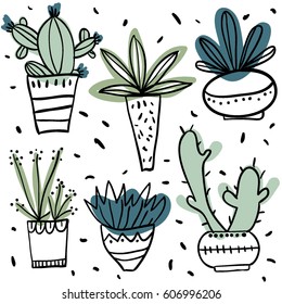 Set of hand drawn flower pots. Sketch style, doodle plants. Botany, herbarium