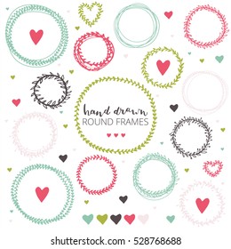 Set of hand drawn flower round frames. Ink illustration. Herbal frames-wreaths. Hand drawn  bright wreath. Hand drawn vintage frames. Round frames and hearts. 