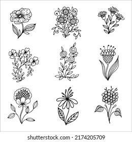 Set of hand drawn flower single doodle elements