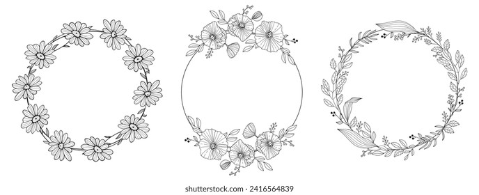 Set of hand drawn flower wreath. Vector floral frame in doodle style. Wedding monogram flourish frame isolated on white background. Outline border with wild flowers, meadow herbs and branches