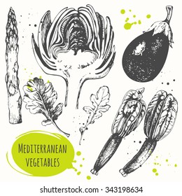 Set of hand drawn flower zucchini, artichoke, eggplant, arugula, asparagus. Fresh organic food. Vector illustration with sketch of mediterranean vegetable. Black and white.