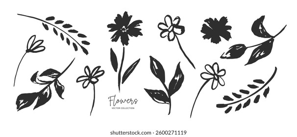 Set of hand drawn flowers, black silhouette of plant drawn with brush. Floral grunge abstract illustration. Vector simple flower, ink stroke.