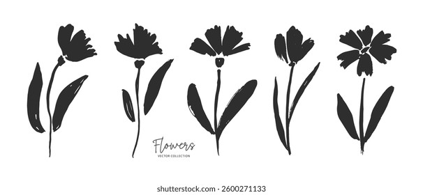 Set of hand drawn flowers, black silhouette of plant drawn with brush. Floral grunge abstract illustration. Vector simple flower, ink stroke.