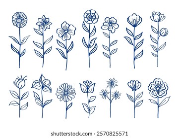 Set of hand drawn flowers, Botanical hand drawn element, Collection of branches and leaves in line art style, Vector illustration for tattoo, logo, wedding invitation, save the date card.