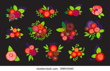 Set with hand drawn flowers and bouquets to decorate the cards. Vector illustration.