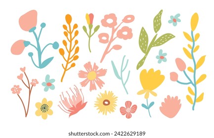 Set of hand drawn flowers and branch. Floral poster, invite. Vector arrangements for greeting card or invitation design