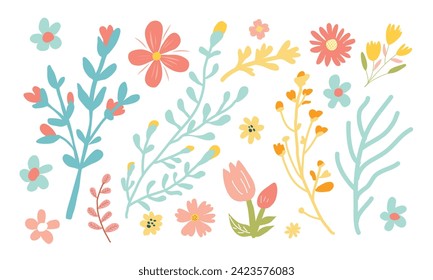 Set of hand drawn flowers and branches. Trendy vector illustration. Perfect for posters, instagram posts, stickers.