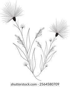 Set of hand drawn flowers, branches and leaves in line art style. Collection of sketches of botanical elements. Vector illustration for tattoo, wedding invitation, wallpaper, save the date card