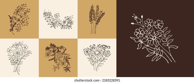 Set of Hand Drawn Flowers Collection. Silhouette of Flower or Herbs Isolated on White Background. Minimalist Floral Illustration