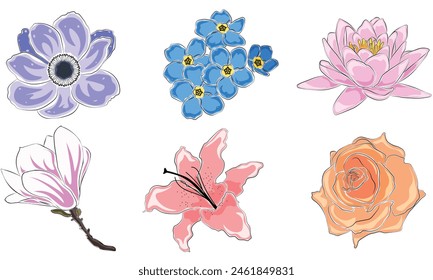 Set von handgezeichneten Blumen, Kollektion, Linienkunst, Aquarell, Natur, Blüte, Pflanze, dekorative Elemente, Vergissmeinnicht, Anemone, Rose, Lotus, Magnolie, Lilie, Aufkleber, Vektorillustration