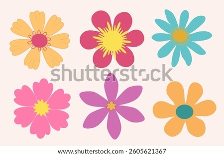 Set of hand drawn flowers. Collection of flower icons. Vector color illustration with flower heads. Elements for logos, emblems, designs and printing.