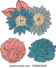 Set of Hand Drawn Flowers, Colorful Vector Illustrations with dark outline. Elegant images for prints, postcards, greeting cards, fabric and more.