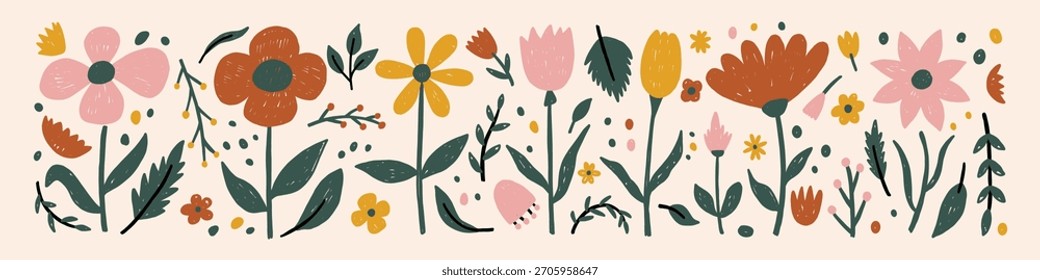 Set of hand drawn flowers with crayon. pastel or chalk texture. Floral illustration of autumn or summer grass and plants.