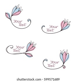 Set of hand drawn flowers and floral frames, labels and emblems with colored petals and elements