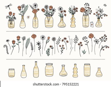 Set of hand drawn flowers and golden vases for Valentine's Day or Birthday cards