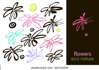 Set of hand drawn flowers, green leaf, sketches and doodles of pink flowers and plants, flowers vector collection. Design elements with ink and brush. Hand drawing with paint brush