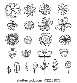 set of hand drawn flowers and leaf. vector design elements