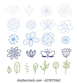 set of hand drawn flowers and leaf isolated on white background. vector design elements