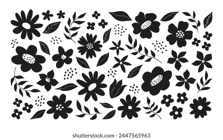 Set of hand drawn flowers, leaves and plants, floral design elements. Modern trendy abstract vector illustration. Perfect for cards, posters, invitations, covers, banners, stickers.