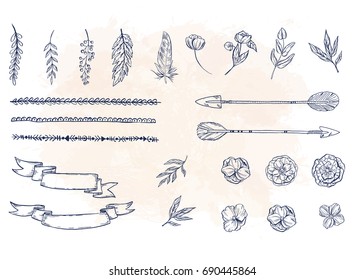 Set of hand drawn flowers, leaves, branches feathers, arrows, ribbons and canvas in contour on a blue background. Vector illustration