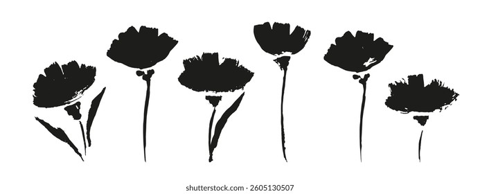 Set of hand drawn  flowers. Painted flowers, leaves. Elegant botanical print, design element.