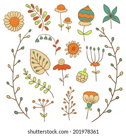 Set of hand drawn flowers in retro style. ( vector)