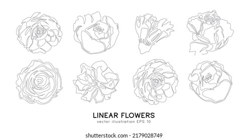 Set of hand drawn flowers. Roses, poppies, hibiscus, magnolia, peony, lily, orchid in single continuous line style. Sketch of floral silhouettes. Contour art of floral elements