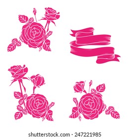 Set of hand drawn flowers roses and ribbons for design holiday gift on white