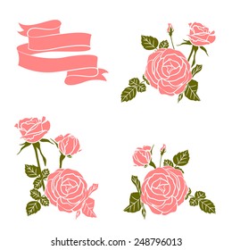 Set of hand drawn flowers roses and ribbons for design holiday gift on white