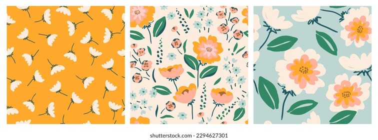 Set of hand drawn flowers, seamless patterns with floral for fabric, textiles, clothing, wrapping paper, cover, banner, interior decor, abstract backgrounds.