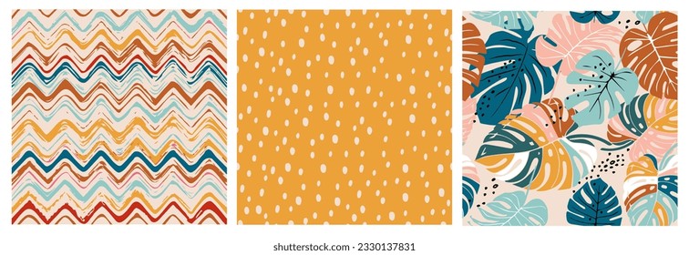 Set of hand drawn flowers, seamless patterns with floral for fabric, textiles, clothing, wrapping paper, cover, banner, interior decor, abstract backgrounds.