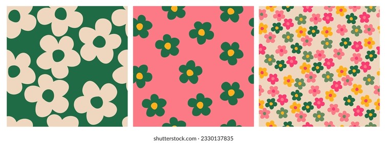 Set of hand drawn flowers, seamless patterns with floral for fabric, textiles, clothing, wrapping paper, cover, banner, interior decor, abstract backgrounds.