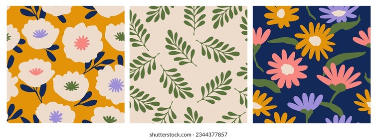 Set of hand drawn flowers, seamless patterns with floral for fabric, textiles, clothing, wrapping paper, cover, banner, interior decor, abstract backgrounds.