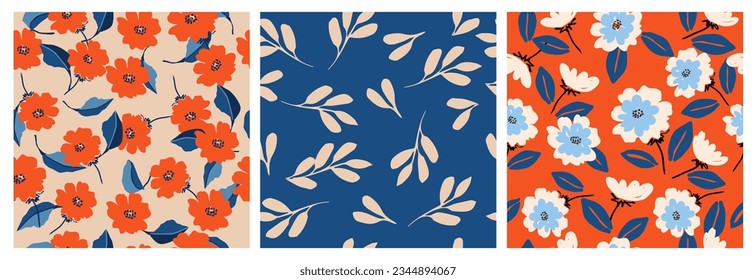 Set of hand drawn flowers, seamless patterns with floral for fabric, textiles, clothing, wrapping paper, cover, banner, interior decor, abstract backgrounds.