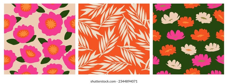 Set of hand drawn flowers, seamless patterns with floral for fabric, textiles, clothing, wrapping paper, cover, banner, interior decor, abstract backgrounds.