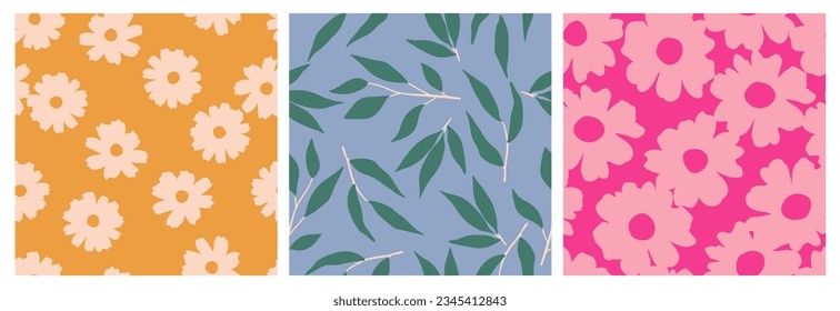 Set of hand drawn flowers, seamless patterns with floral for fabric, textiles, clothing, wrapping paper, cover, banner, interior decor, abstract backgrounds.