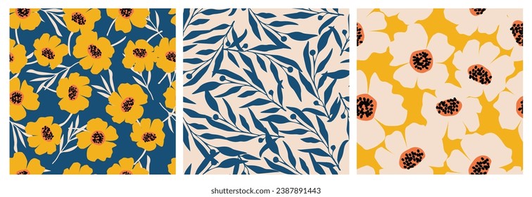Set of hand drawn flowers, seamless patterns with floral for fabric, textiles, clothing, wrapping paper, cover, banner, interior decor, abstract backgrounds.