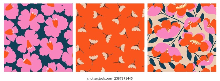 Set of hand drawn flowers, seamless patterns with floral for fabric, textiles, clothing, wrapping paper, cover, banner, interior decor, abstract backgrounds.