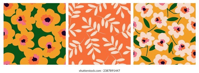 Set of hand drawn flowers, seamless patterns with floral for fabric, textiles, clothing, wrapping paper, cover, banner, interior decor, abstract backgrounds.