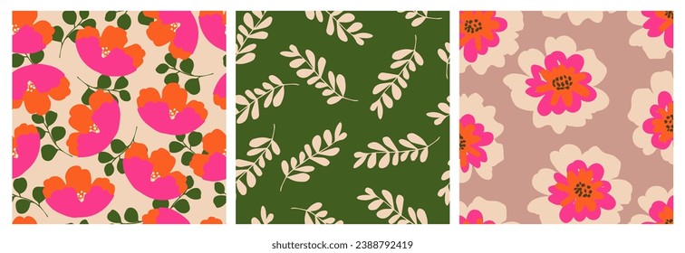 Set of hand drawn flowers, seamless patterns with floral for fabric, textiles, clothing, wrapping paper, cover, banner, interior decor, abstract backgrounds.