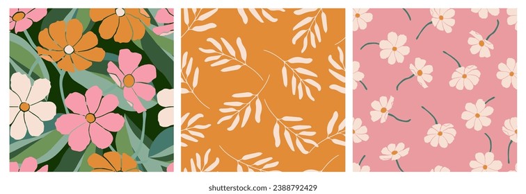 Set of hand drawn flowers, seamless patterns with floral for fabric, textiles, clothing, wrapping paper, cover, banner, interior decor, abstract backgrounds.