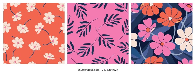 Conjunto de flores dibujadas a mano, patrones sin costuras con flores para tela, textiles, ropa, papel de embalaje, cubierta, Anuncio, decoración interior, fondos abstractos.