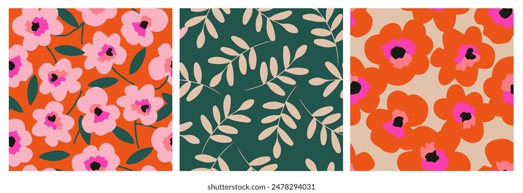 Conjunto de flores dibujadas a mano, patrones sin costuras con flores para tela, textiles, ropa, papel de embalaje, cubierta, Anuncio, decoración interior, fondos abstractos.